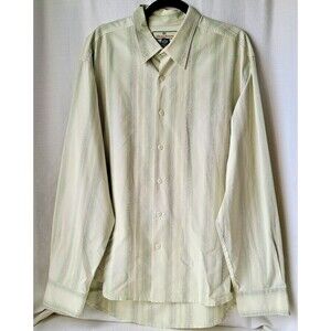 Tommy Bahama Mens XL Silk Cotton Button Up Shirt Green Striped Long Sleeve